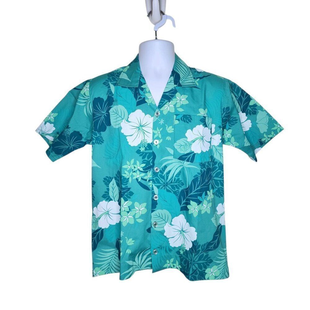 Vintage 80s Aloha Tropical Button Up Hawaiian Shirt Mens S Teal
